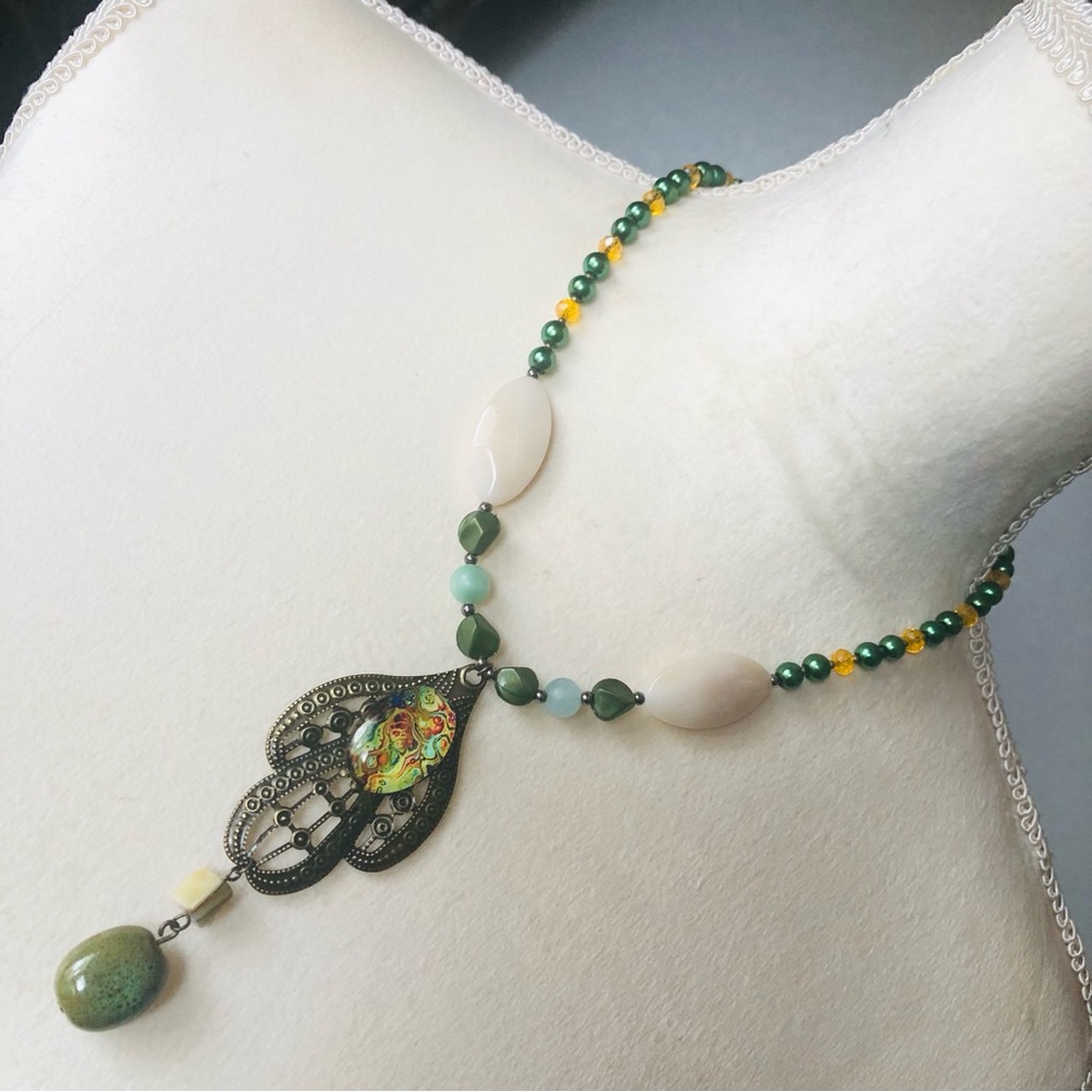 Handcrafted repurpose cabochon filigree pendant Czech glass Pearl necklace